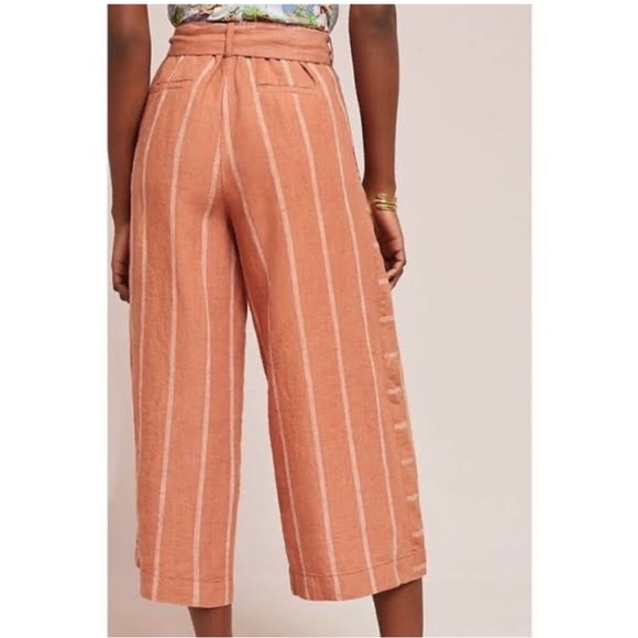 ANTHROPOLOGIE Cropped Wide Leg Linen Pant, Tie Front, Coral & White Stripe, M - Picture 3 of 11